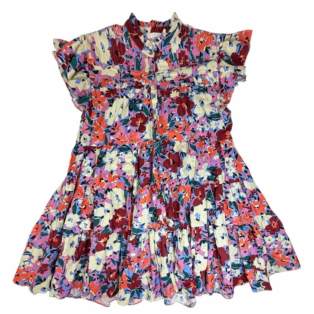 Karli Womens Floral Dress Tiered Ruffle Boho Cottagecore Button Front Medium